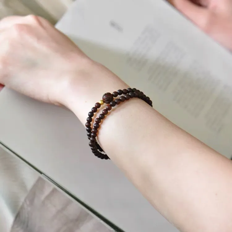 印度小叶紫檀4mm双圈手串手链莲花好运珠女款玩木质串珠0.4纤细两