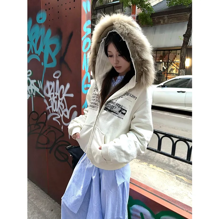 加绒外套女连帽秋冬季设计感小众宽松显瘦百搭保暖开衫毛领上衣