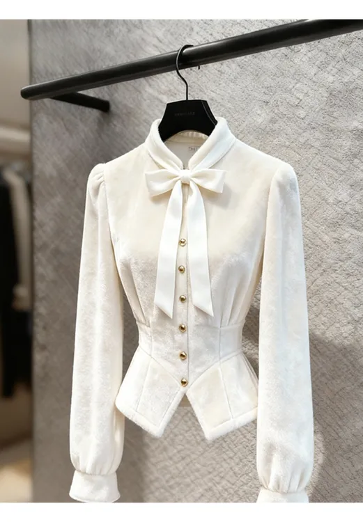 法式蝴蝶结白色丝绒衬衫女秋冬季加厚保暖高级感减龄洋气掐腰上衣