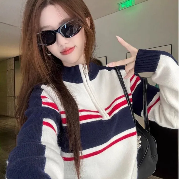 美式复古撞色条纹针织衫半拉链设计感小众休闲修身显瘦早秋上衣