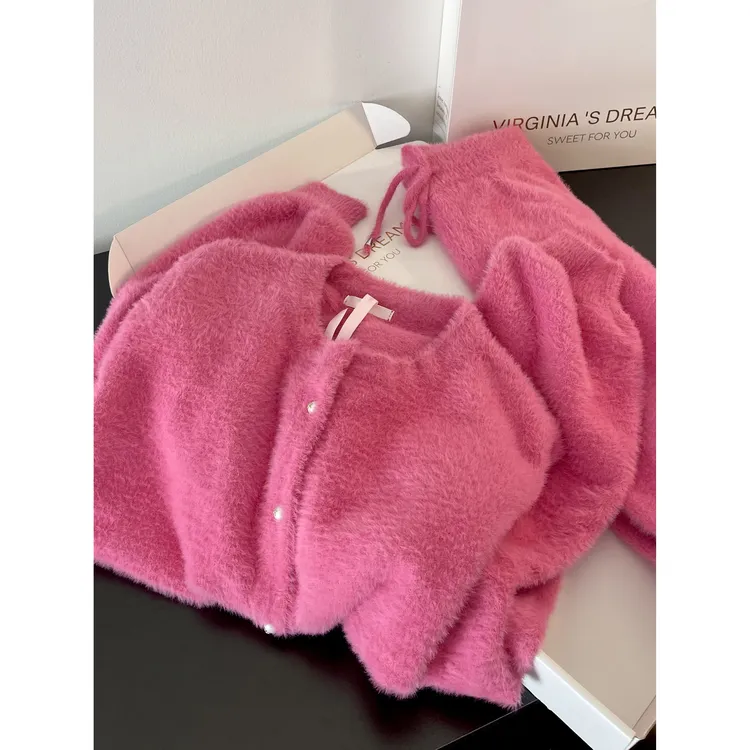 法式小香风宽松甜美简约纯色开衫珊瑚绒睡衣女冬可外穿家居服套装