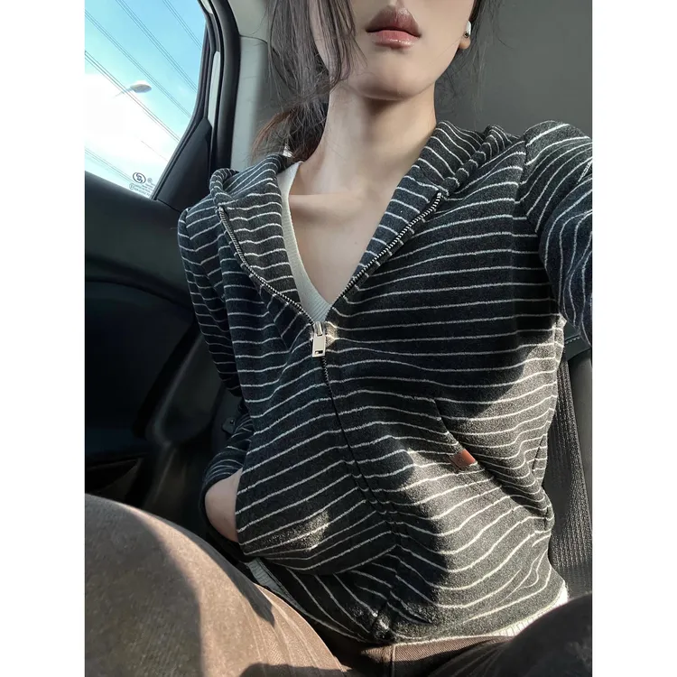 美式条纹开衫拉炼长袖女春秋设计感修身收腰显瘦百搭休闲外套