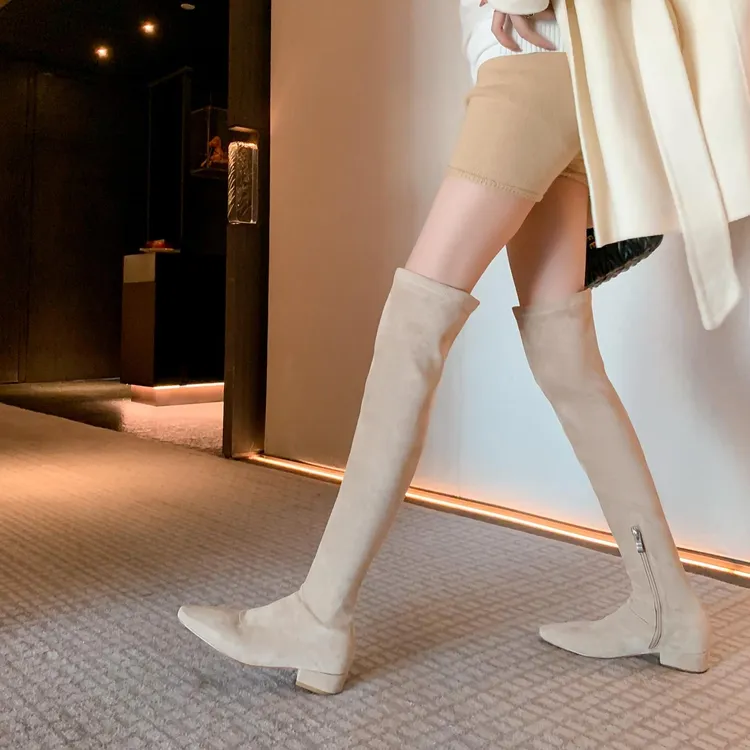 韩版显瘦大筒围弹力过膝靴女百搭绒面方头粗跟高筒瘦瘦靴秋冬长靴