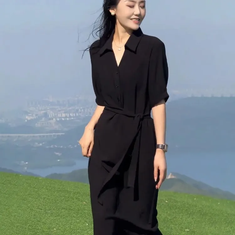 大码胖mm轻奢高级感气质黑色连衣裙女夏季裙子衬衫裙赫本风小黑裙