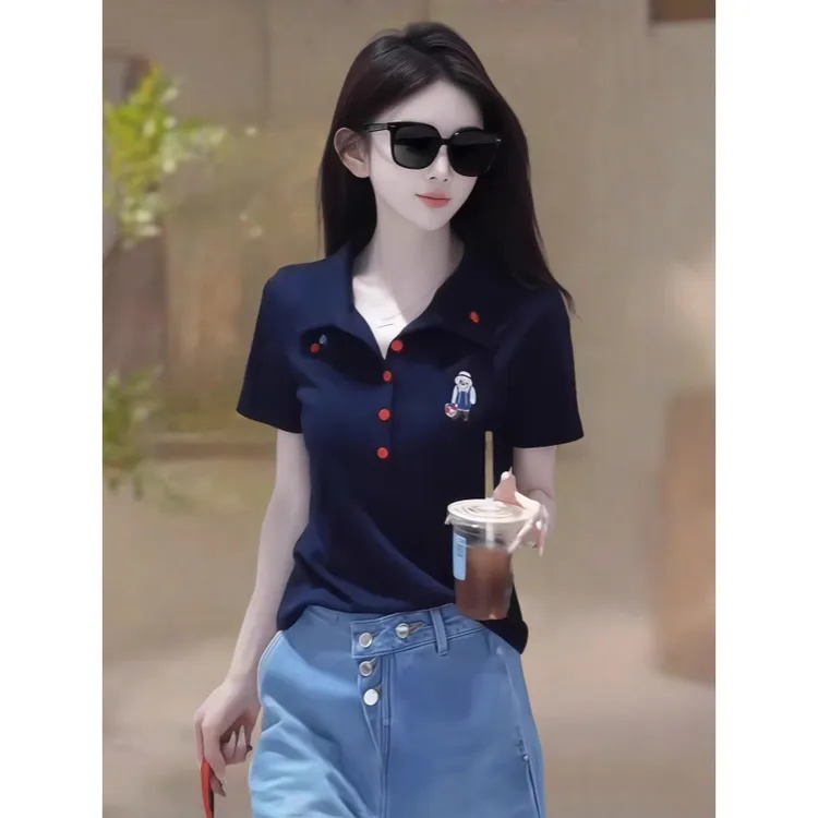 卡通减龄刺绣polo领针织短袖t恤女夏新款设计感气质显瘦休闲上衣