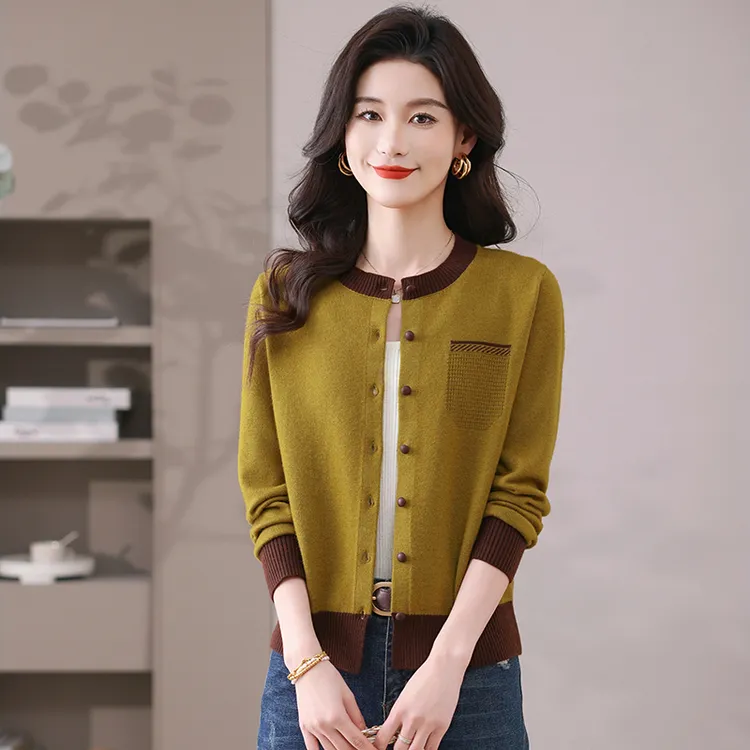 春秋短款拼色羊绒开衫女圆领针织毛衣外搭长袖韩版外套专柜正品