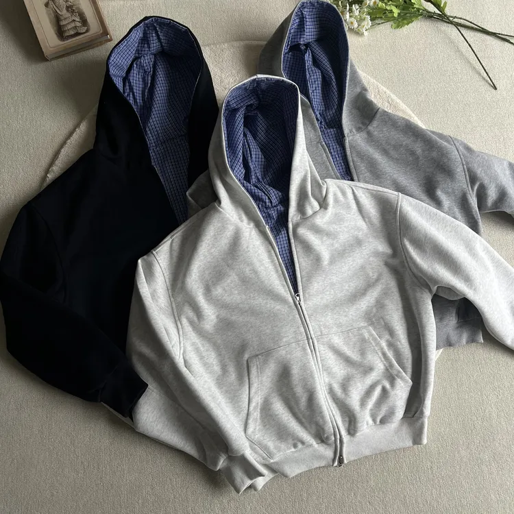 Xanvas双面穿miu系皇家蓝格纹拉链卫衣短宽百搭开衫外套cleanfit