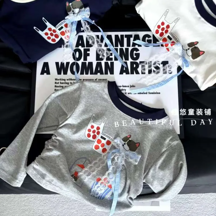 2025秋季新品女童长袖t恤甜美洋气抽皱时尚百搭打底圆领T恤上衣