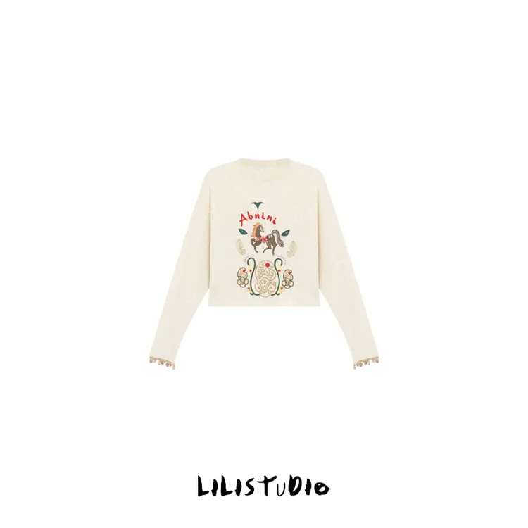 PCNY「骏影花汛」不理理夏季新款小众女装百搭圆领卡通印花长袖t恤