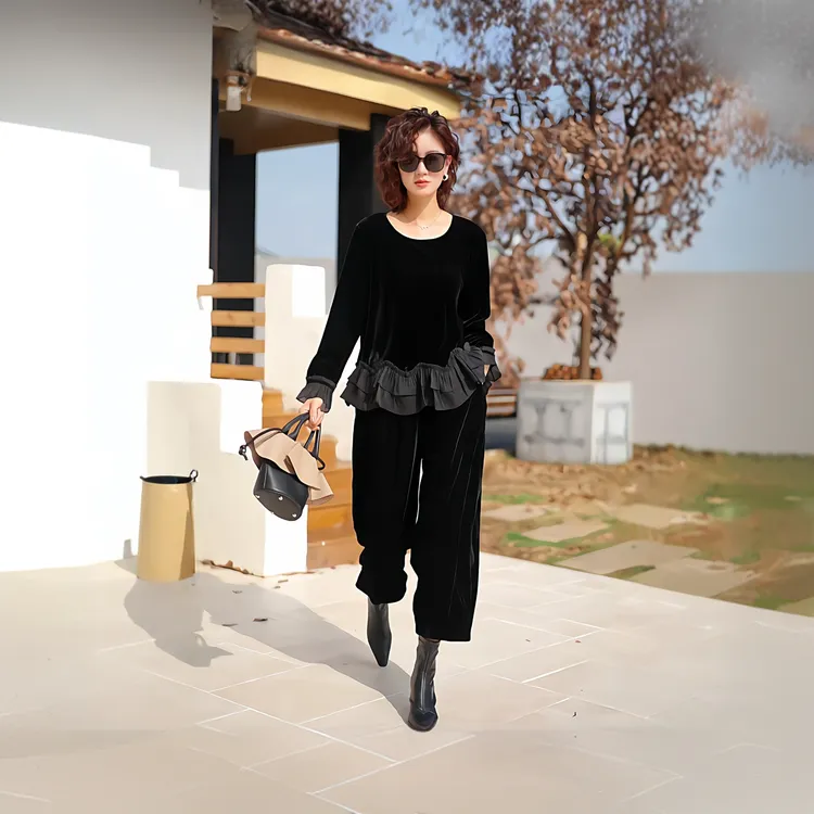 18080-26070秋复古大码高级感丝绒上衣＋休闲裤子