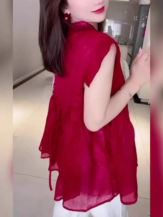 2025年夏季高级设计感小众轻奢百搭超好看时髦上衣休闲红色衬衫潮