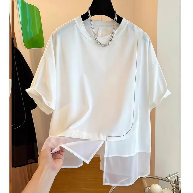 胖妹妹200斤大码别致不规则设计感拼接T恤上衣女夏季宽松显瘦短袖