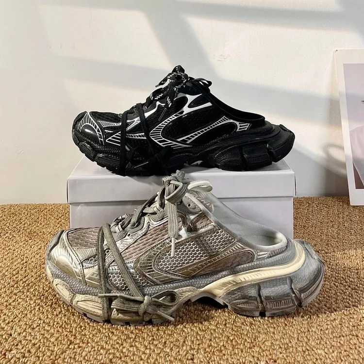 巴黎3xl半拖老爹鞋2025轻奢一脚蹬绑带休闲鞋