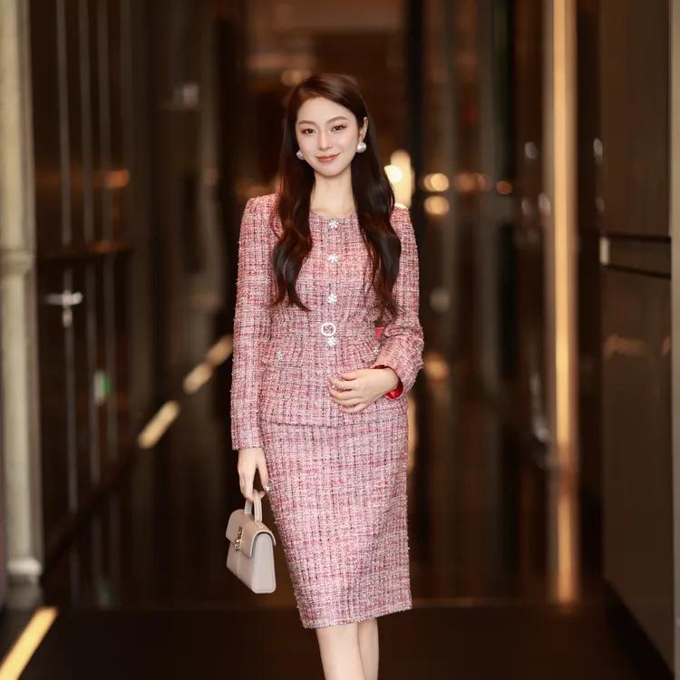 LIME/莱茵【呢喃花语】肌理感通勤玫瑰花呢上衣胭脂红LDGD9BCCJ302