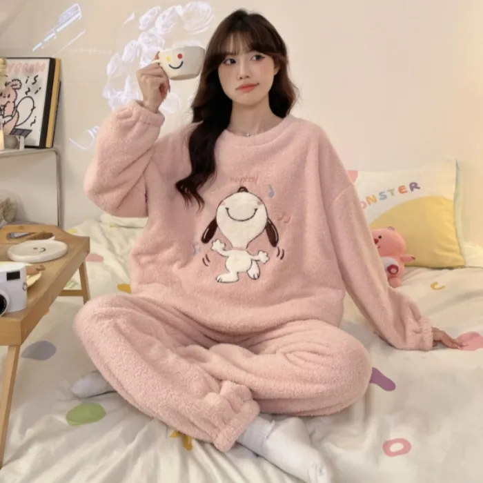 2025年秋冬季新款半边绒睡衣女可爱卡通加绒家居服套装