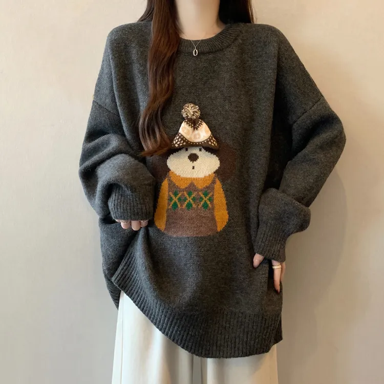 灰色巨好看针织衫毛衣女2026超火冬大码胖mm宽松中长款遮屁股上衣