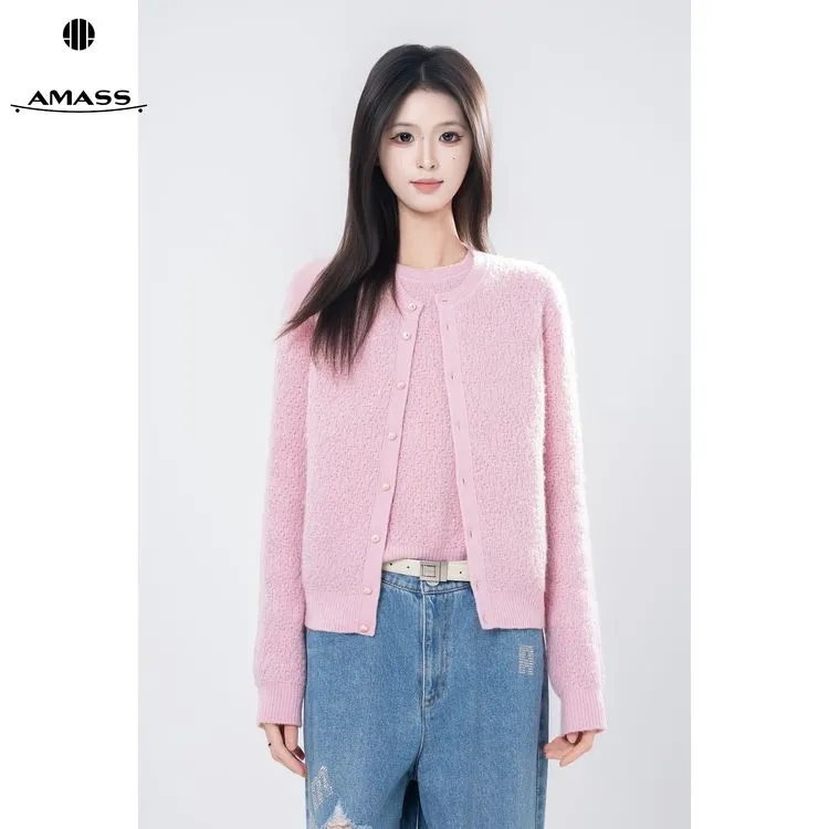 AMASS/阿玛施秋冬新款时尚气质舒适粉色优雅轻奢针织开衫女548046