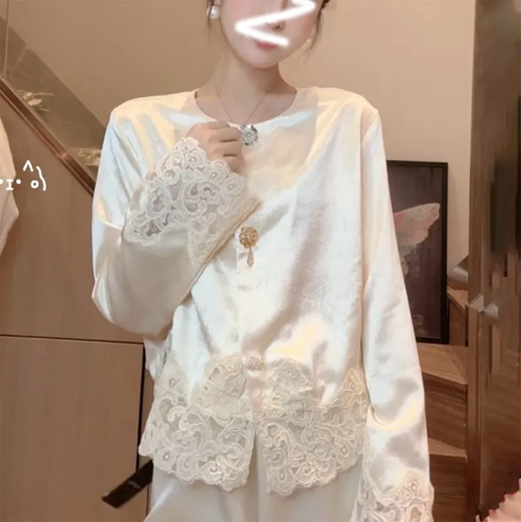 新中式蕾丝醋酸钉珠长袖衬衫女装2025秋季新款国风静奢设计感上衣