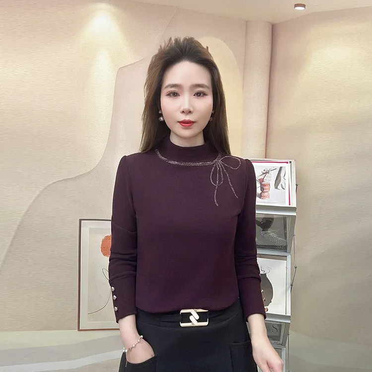 2025秋冬新款双面绒纯色烫钻立领圆领长袖半高领T恤内搭加厚修身