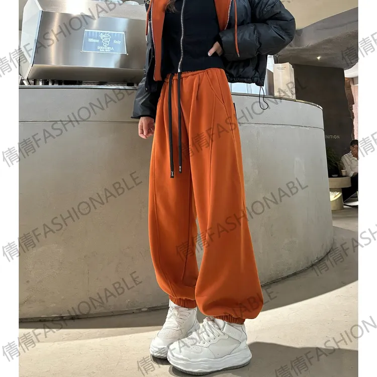 冬款加绒加厚休闲裤欧货松紧高腰卫裤宽松显瘦束脚裤