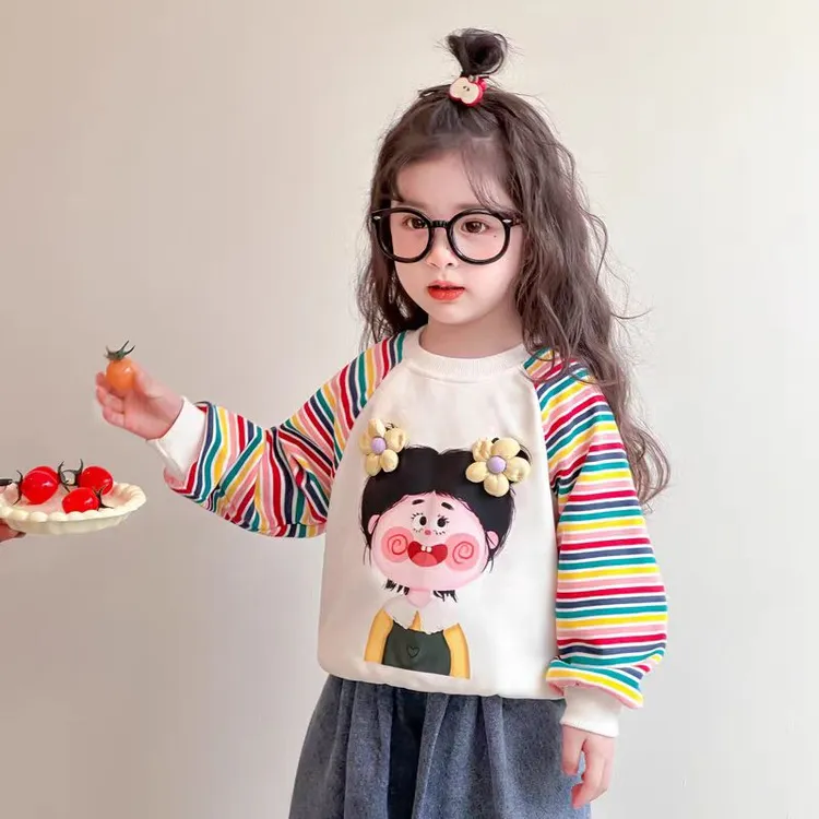 春秋新款条纹卫衣女孩洋气中小童长袖卫衣立体小花