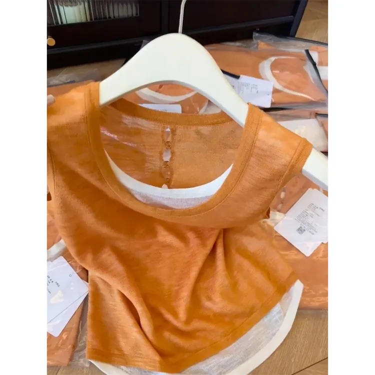 夏日橘色假两件针织背心吊带女夏季外穿后背镂空冰丝坎肩无袖上衣