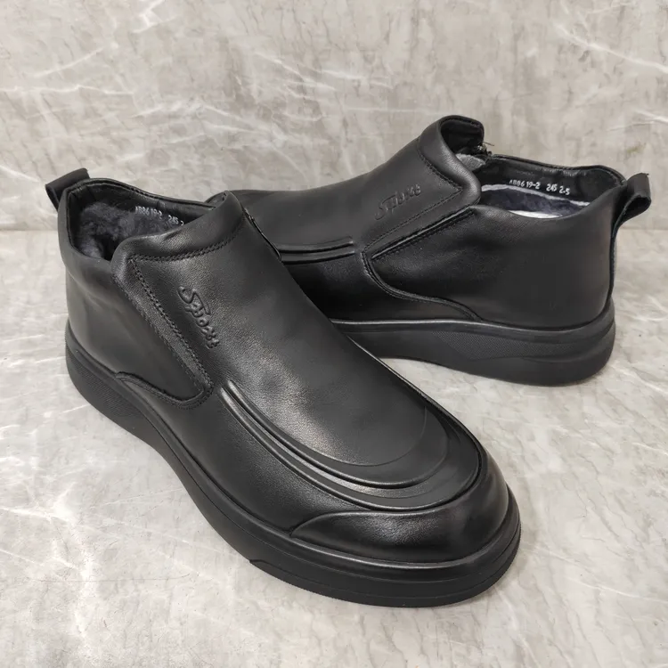 头层牛皮羊毛休闲风潮流风纯色冬季高帮棉鞋休闲高帮皮鞋