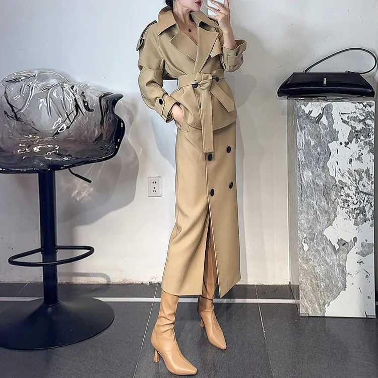 经典卡其色职业套装裙2025秋季新款御姐气质风衣外套半身裙套装女