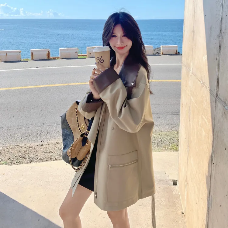 卡其色pu皮翻领风衣外套女2025秋季小个子韩系高级感气质时尚大衣