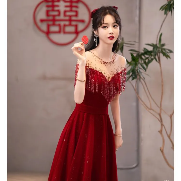 敬酒服新娘2025新款春夏红色小个子结婚高级订婚连衣裙晚礼服裙女