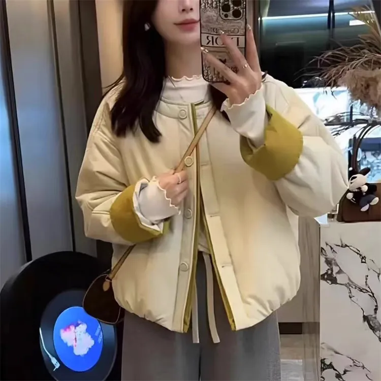 韩系穿搭撞色棉衣外套女冬季2025新款宽松保暖加厚短款棉服上衣