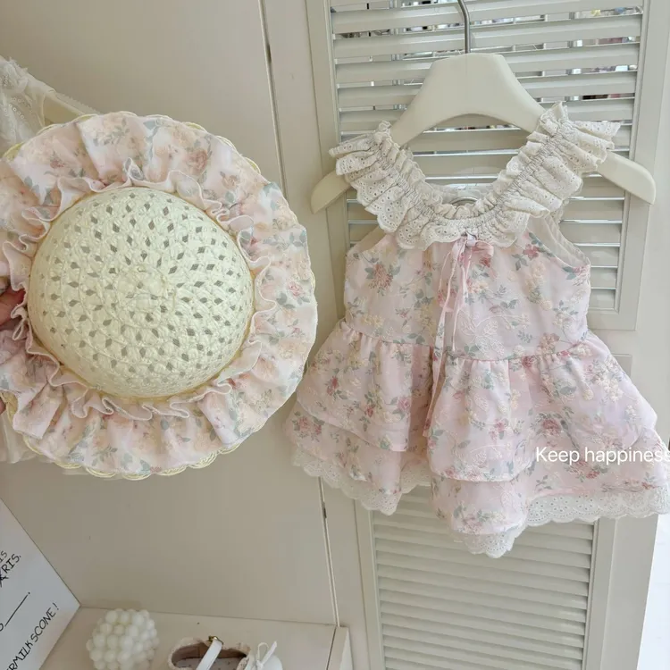 【送帽子】新款樱织花翎～女童秋季甜美小飞袖温柔碎花花边连衣裙