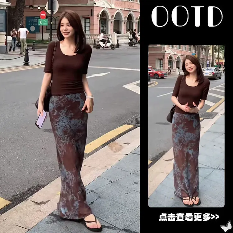 夏季流行穿搭一整套女2025新款韩版修身短袖T恤高腰半身裙两件套