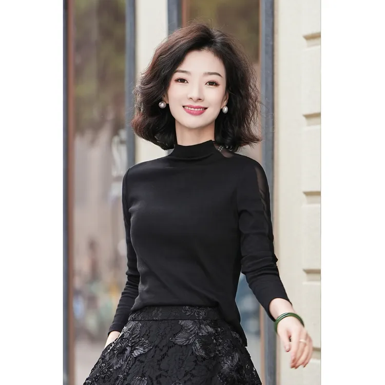 西子/【瘦瘦衫】高弹精梳棉法式网纱镂空小立领设计感上衣/SYZY088