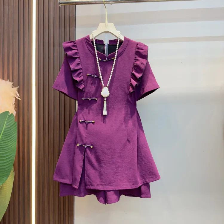 欧洲站2025爆款圆领新中式连衣裙女盘扣设计感收腰显瘦中长裙