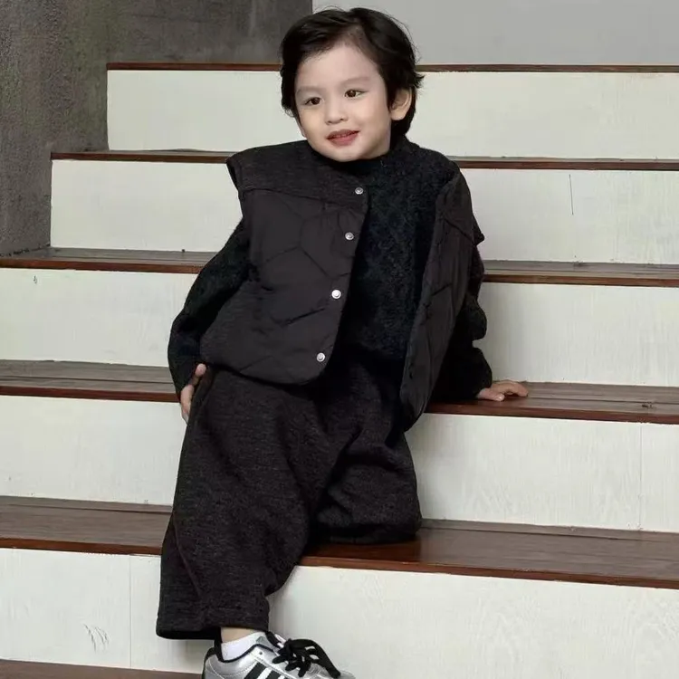 男童冬季加绒套装2025新款儿童洋气宝宝韩版加棉马甲三件套潮