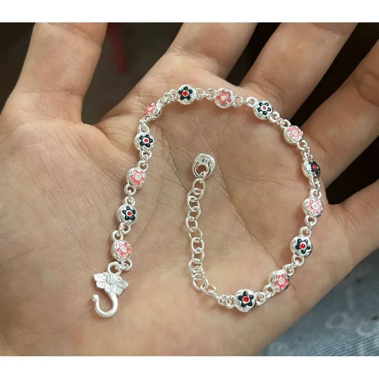 足银珐琅手链 银9999新中式国风珐琅彩色花瓣银手链甜美ins风格