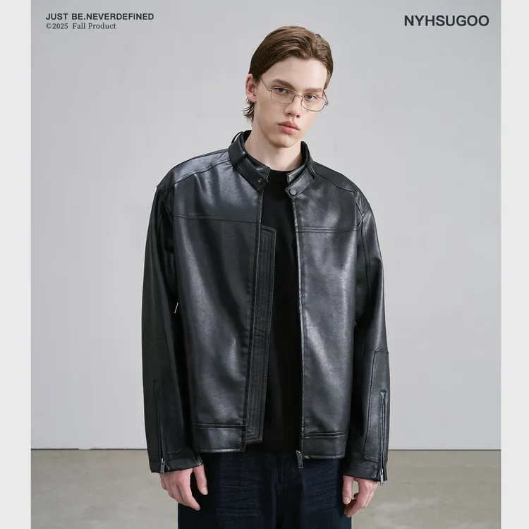 NYHSUGOO/南乙秋季男士机车黑色短阔版型皮衣3826立领外套