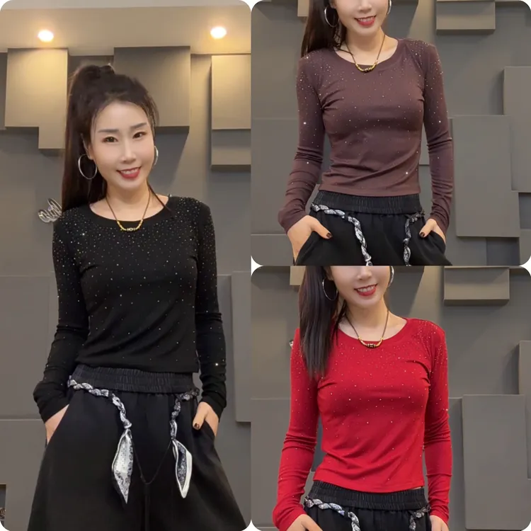 圆领烫钻T恤修身时尚打底衫  —6008（YL）