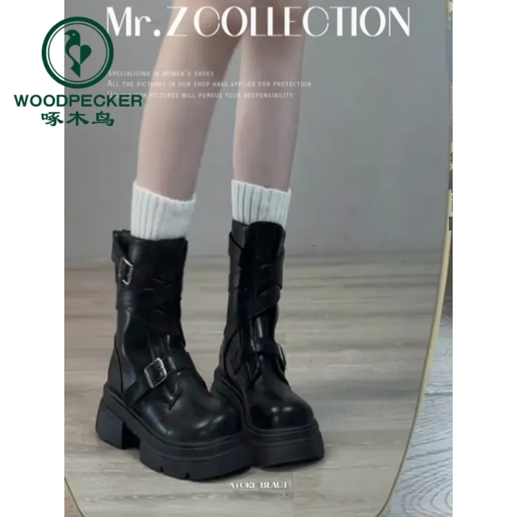 啄木鸟黑色显瘦马丁靴女2025新款秋季厚底增高复古英伦风短筒靴女