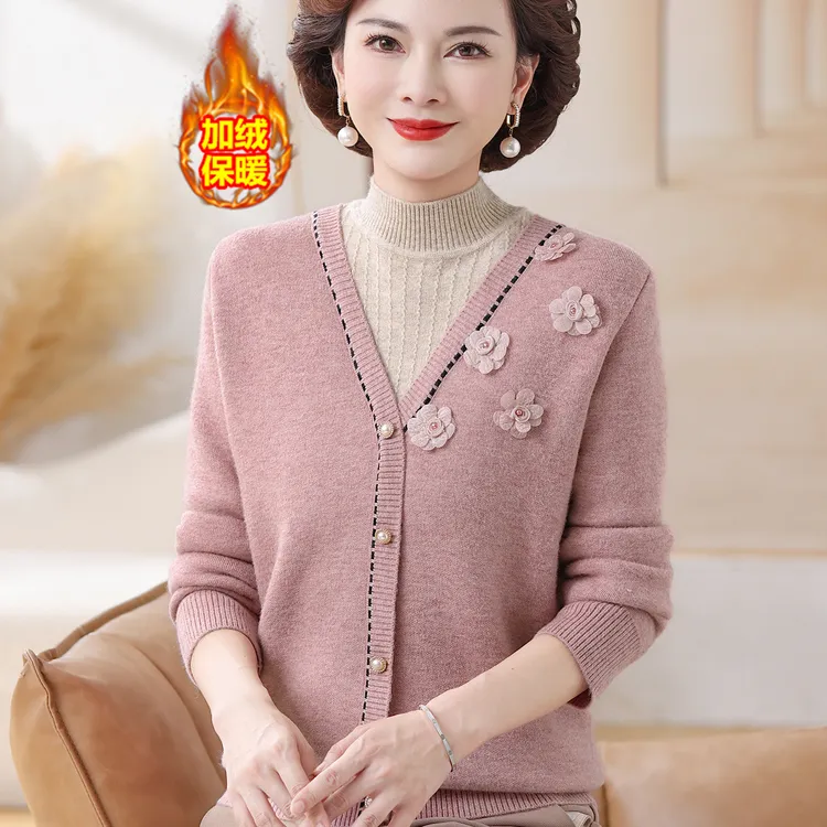 妈妈装冬装针织假两件上衣一体绒加厚打底衫中老年女装半高领毛衣