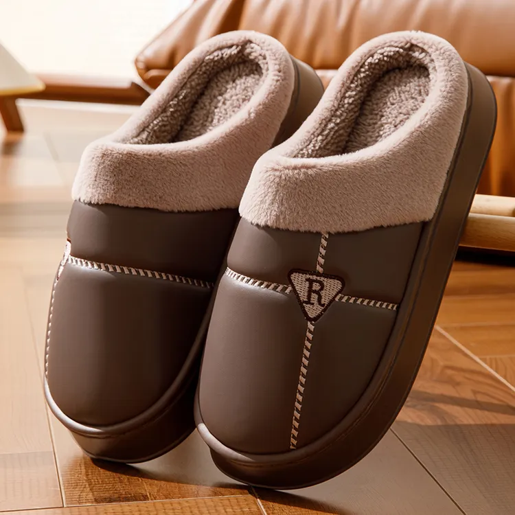 男士棉拖鞋冬天加厚保暖室内居家用防滑厚底PU皮防水女款情侣棉拖