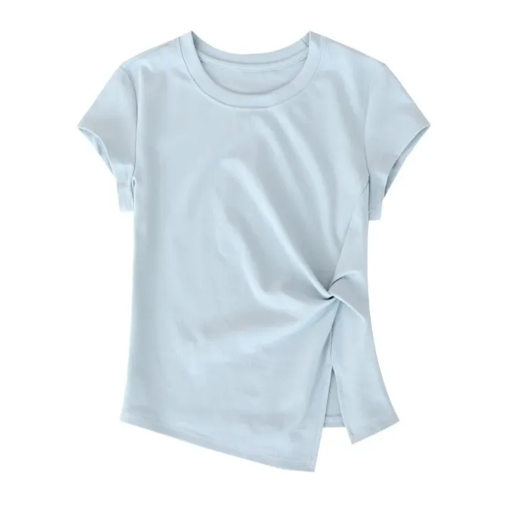 不规则T恤抽褶下摆开叉2025夏季新款纯色显瘦遮肉洋气短袖女装