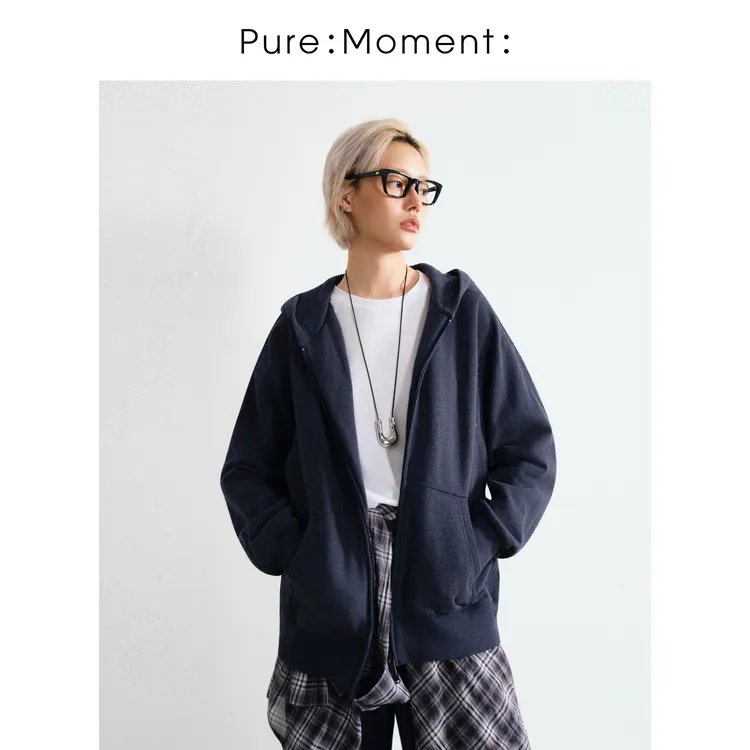 小麦檬Pure:Moment:秋季新款简约复古百搭藏青卫衣外套4G9212461