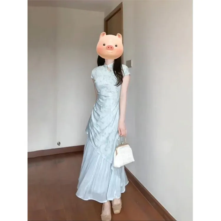 清冷禅意新中式晕染提花改良旗袍裙连衣裙女夏国风复古设计感长裙