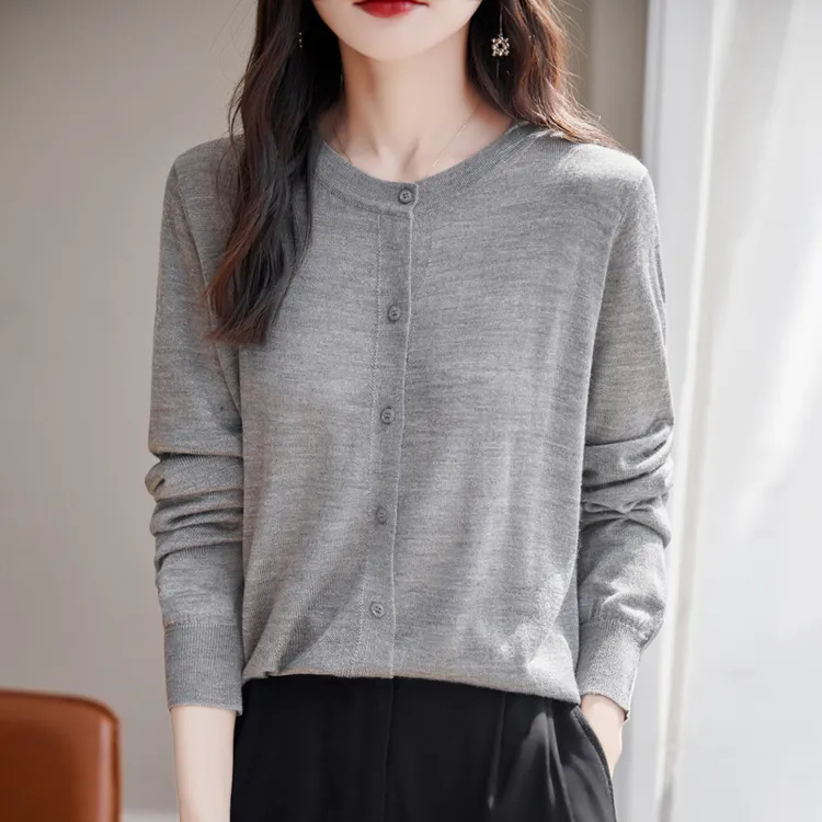 鄂尔多斯市纯100羊毛衫女春季薄款针织开衫外套简约宽松圆领上衣