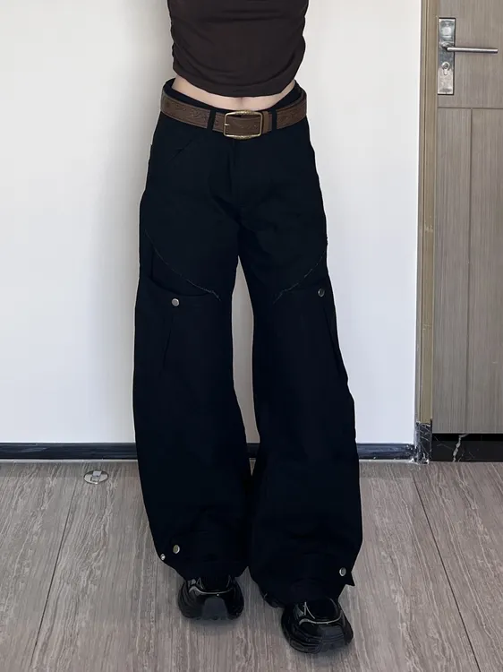 万兔的One美式复古小众设计感男女工装牛仔裤垂直感弯刀休闲裤子