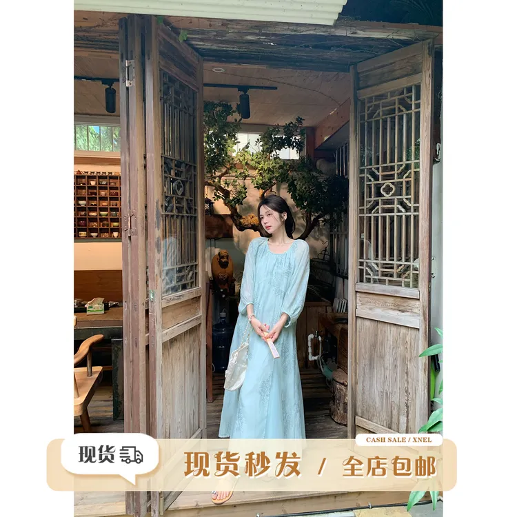 陳文文xenl【蓝楹纤月】新款气质定染网纱蕾丝刺绣宽松连衣裙0115