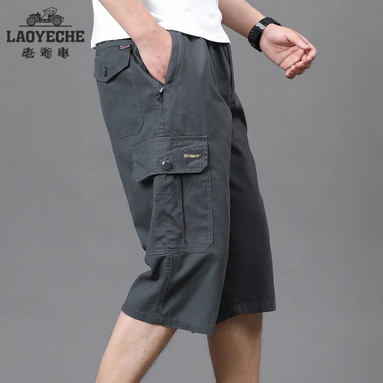 老爷车男夏季薄款七分裤爸爸休闲沙滩短裤中老年大码宽松工装裤男