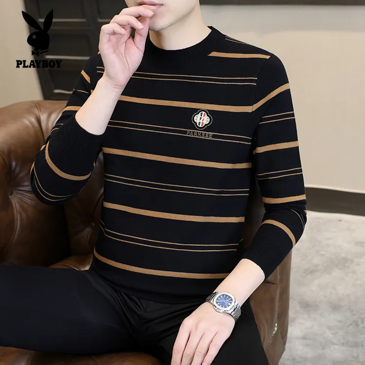 花花公子2025秋冬新款男士针织衫条纹套头卫衣韩版潮流修身内搭